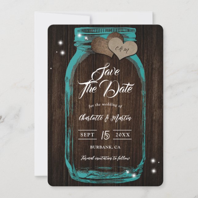 Rustic Teal Mason Jar Wood Fall Wedding Save The Date (Front)