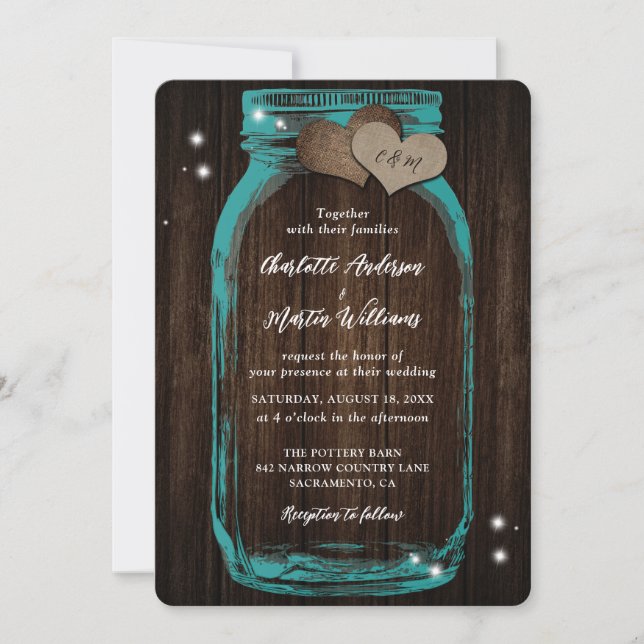 Rustic Teal Mason Jar Wood Wedding Invitation (Front)