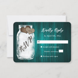 Rustic Teal Mason Jar Wood Wedding RSVP Card