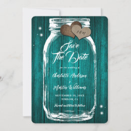 Rustic Teal Mason Jar Wood Wedding Save The Date