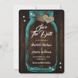 Rustic Teal Mason Jar Wood Wedding Save The Date