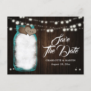 Rustic Teal Mason Jar Wood Wedding Save The Date Announcement Postcard