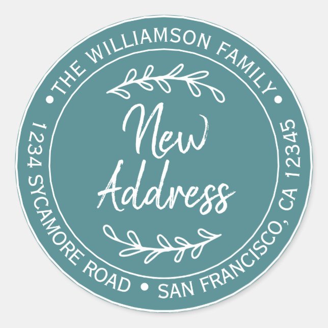 Rustic Teal New Address Classic Round Sticker (Front)