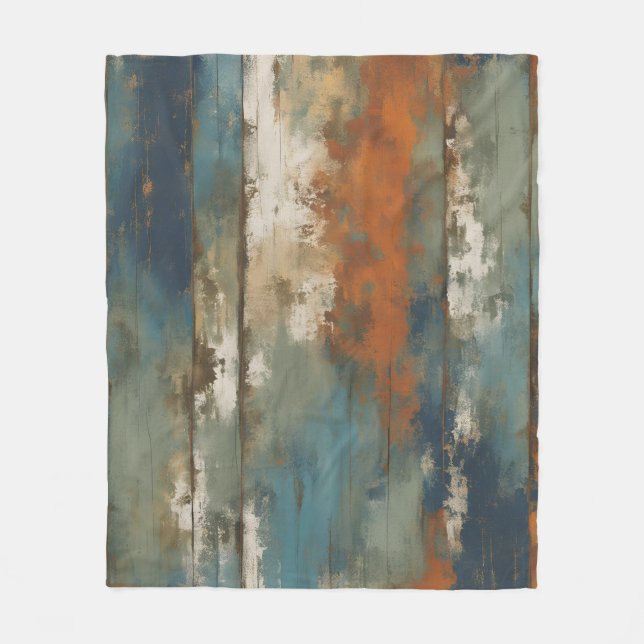 Rustic Teal Orange Beige Farmhouse Stripe Fleece Blanket (Front)