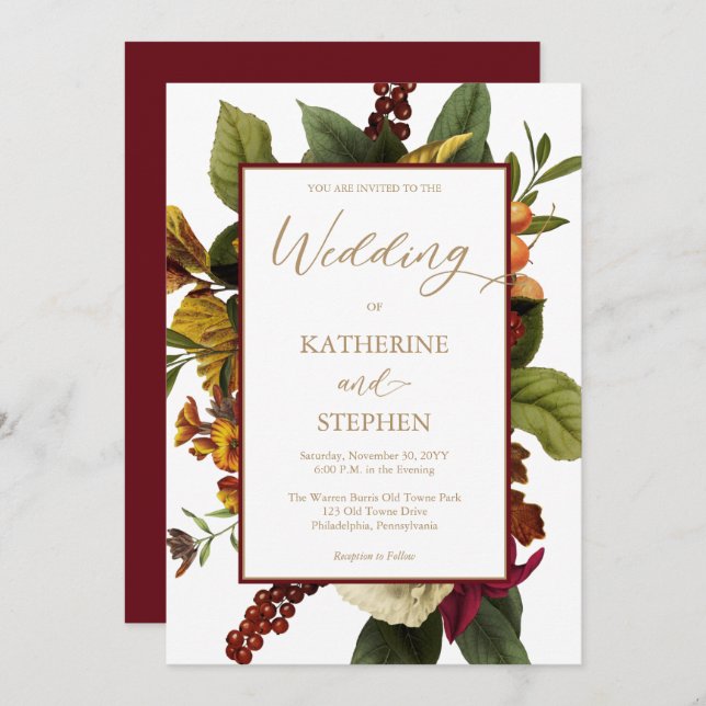 Rustic Teal | Orange | Red Floral Bouquet Wedding  Invitation (Front/Back)