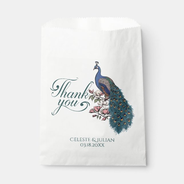 Rustic Teal Peacock Thank You Favour Bags (Front)