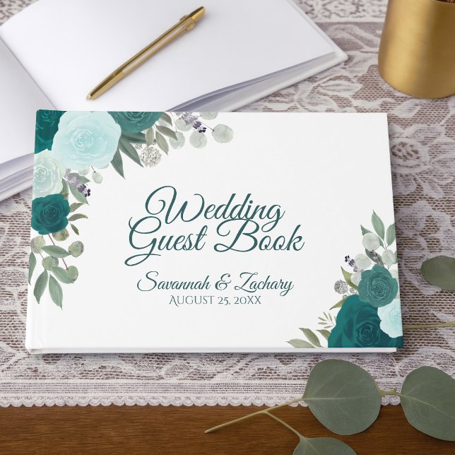 Rustic Teal Roses Elegant Floral Boho Wedding Guest Book (Creator Uploaded)