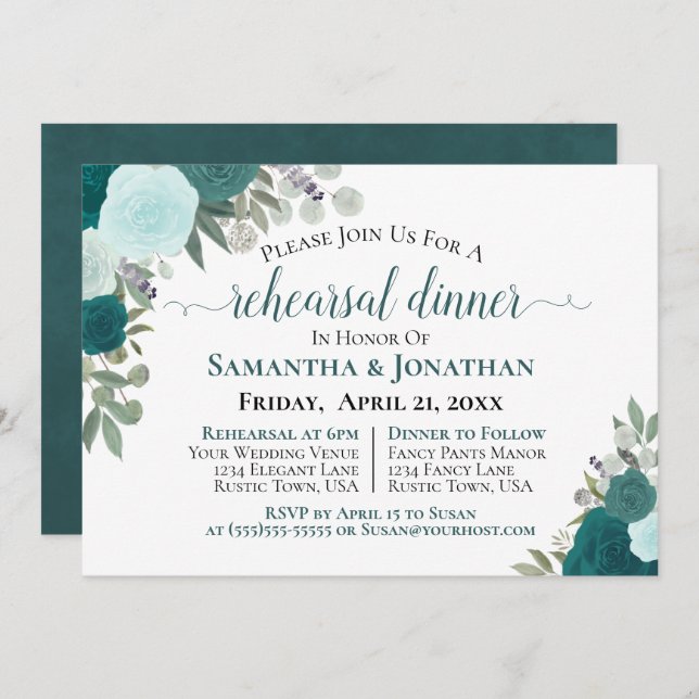 Rustic Teal Roses Floral Wedding Rehearsal Dinner Invitation (Front/Back)