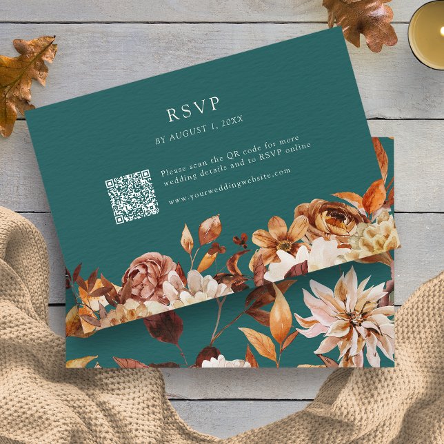 Rustic Teal  RSVP Card (Rustic Fall Leaves Floral Teal RSVP Card QR Code by Painted Paperie
)