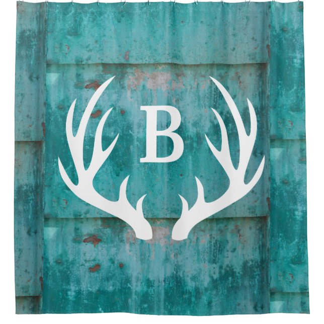 Rustic Teal Rusted Metal Sheets & White Antlers Shower Curtain (Front)