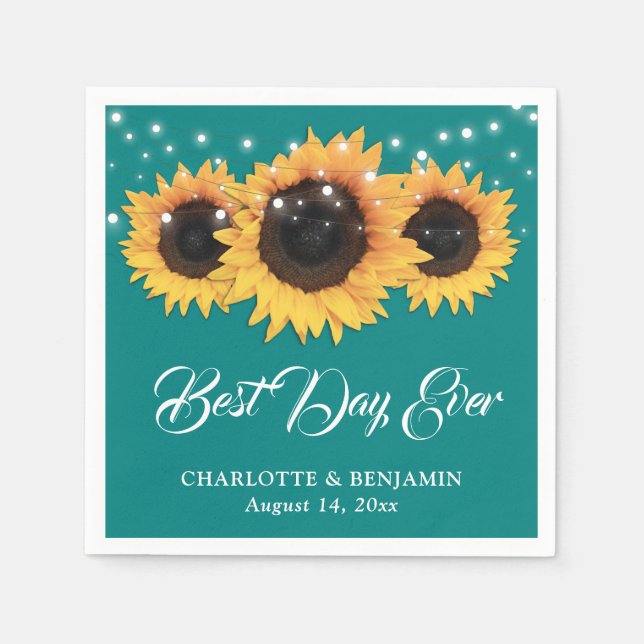 Rustic Teal String Lights Sunflower Wedding Napkin (Front)
