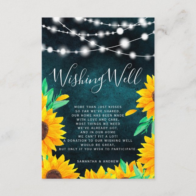 Rustic teal string lights sunflowers wishing well enclosure card (Front)