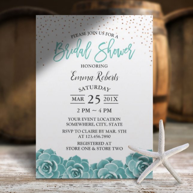 Rustic Teal Succulent Botanical Bridal Shower Invitation (Creator Uploaded)