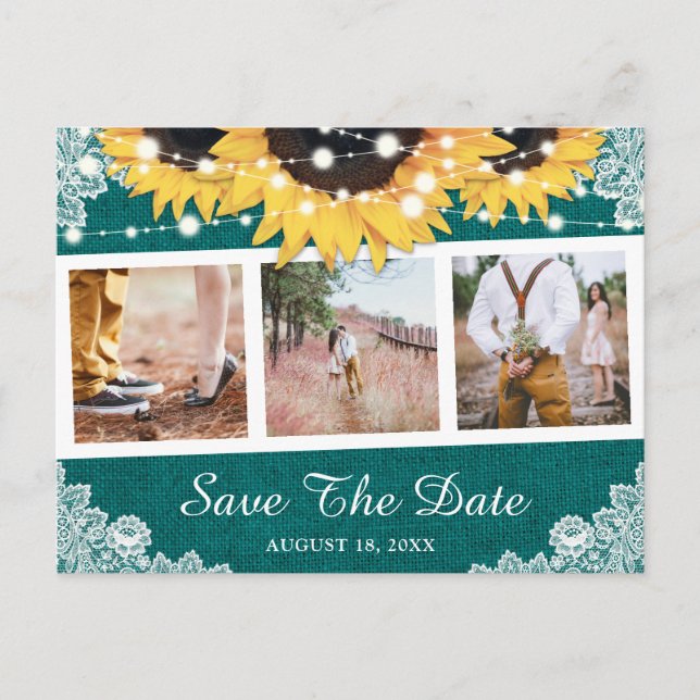 Rustic Teal Sunflower Photo Save The Date Announcement Postcard (Front)