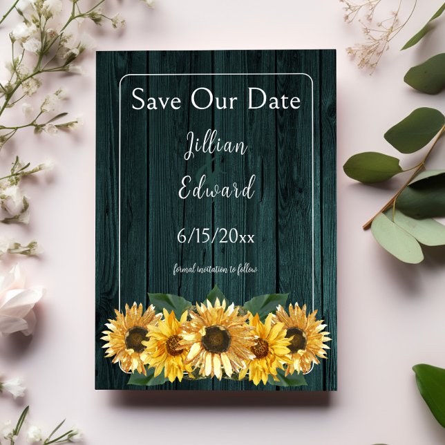 Rustic Teal Sunflower Save The Date Announcement (Rustic Teal Sunflower Save the Date)