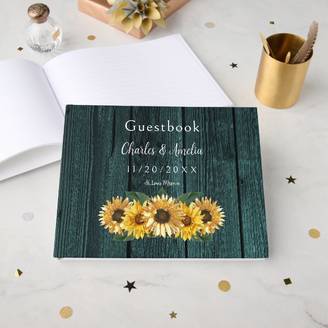 Rustic Teal Sunflower Wedding Guest Book (Front Open)