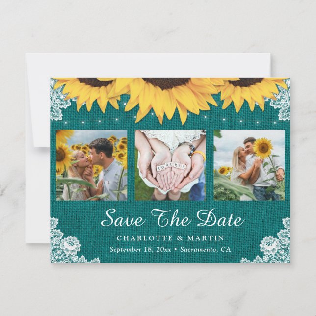 Rustic Teal Sunflower Wedding Photo Save The Date (Front)