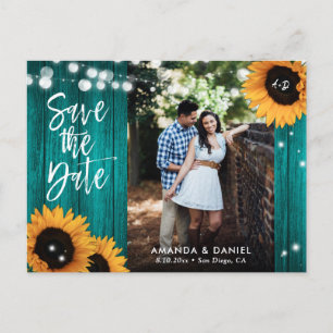 Rustic Teal Sunflower Wedding Photo Save The Date Announcement Postcard