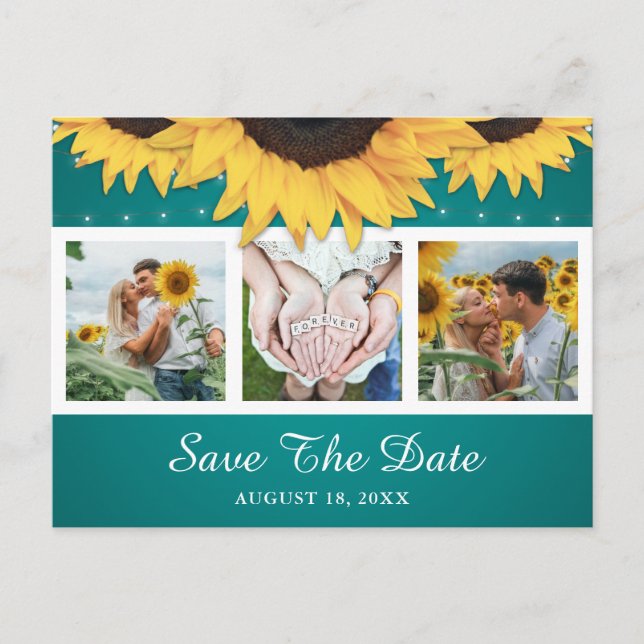 Rustic Teal Sunflower Wedding Photo Save The Date Announcement Postcard (Front)