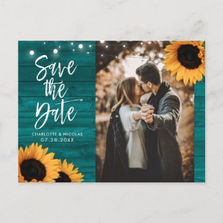Rustic Teal Sunflower Wedding Photo Save The Date Postcard