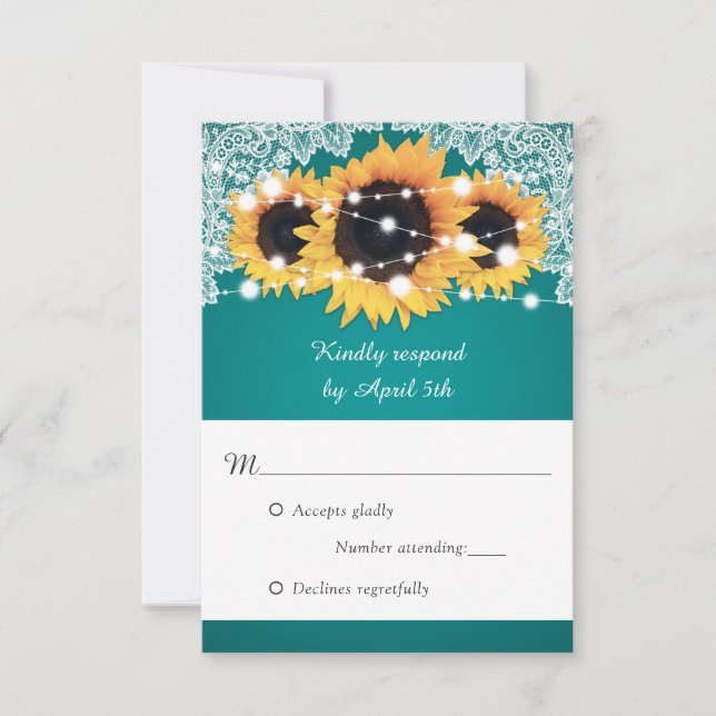 Rustic Teal Sunflower Wedding RSVP Card (Front)