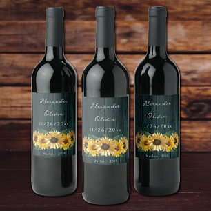 Rustic Teal Sunflower Wedding Wine Label