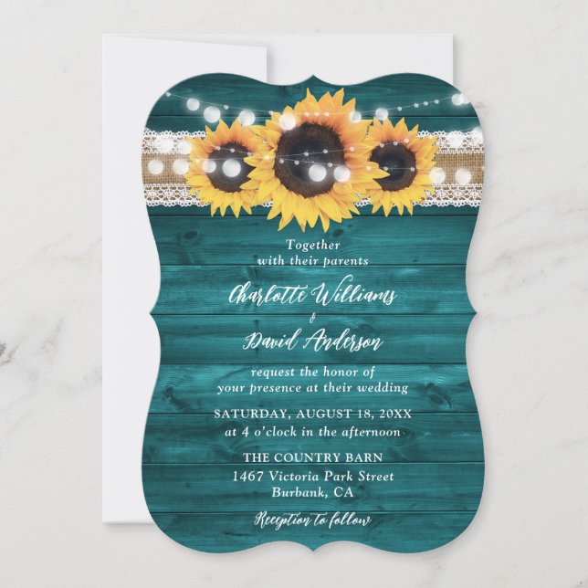 Rustic Teal Sunflower Wood String Lights Wedding Invitation (Front)