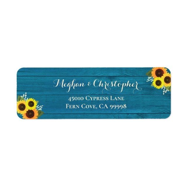 Rustic Teal Sunflowers Wedding Return Address (Front)