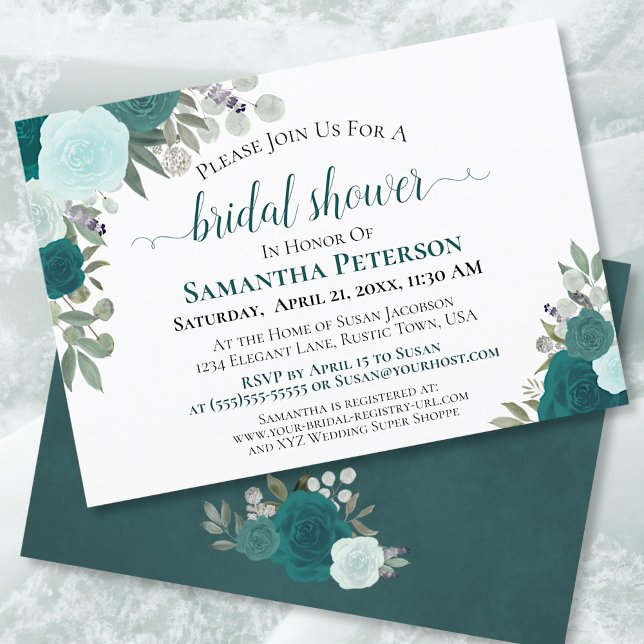Rustic Teal Watercolor Floral Chic Bridal Shower Invitation (Creator Uploaded)