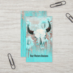 Rustic Teal Western Bull Skull Sunflowers On Wood Business Card