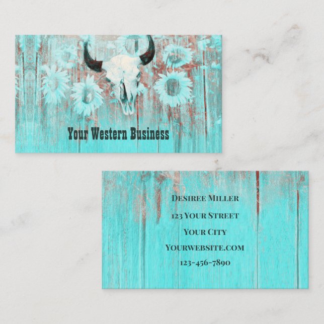 Rustic Teal Western Bull Skull Sunflowers On Wood Business Card (Front/Back)
