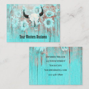 Rustic Teal Western Bull Skull Sunflowers On Wood Business Card
