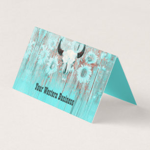 Rustic Teal Western Bull Skull Sunflowers On Wood Business Card