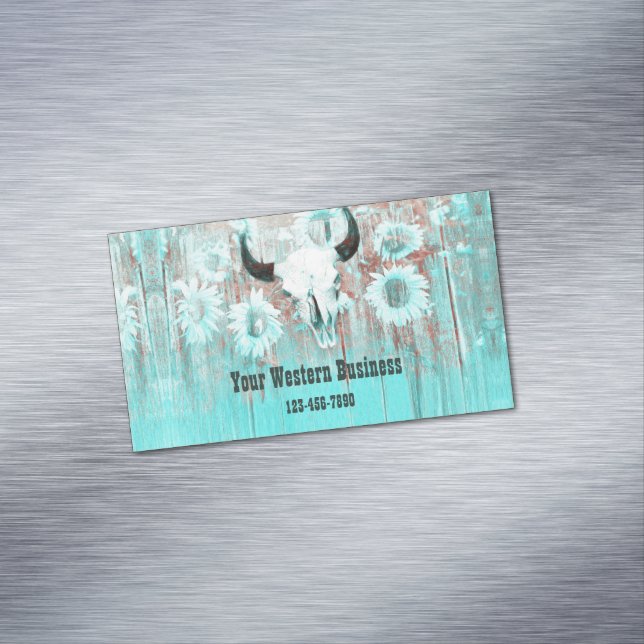 Rustic Teal Western Bull Skull Sunflowers On Wood Magnetic Business Card (In Situ)