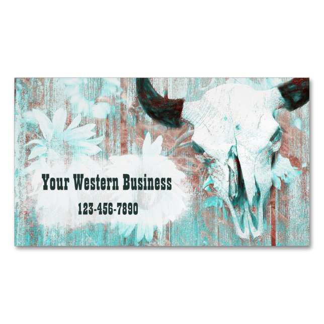 Rustic Teal Western Bull Skull Sunflowers On Wood Magnetic Business Card (Front)