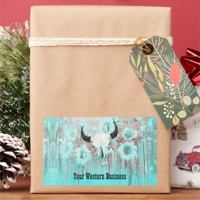 Rustic Teal Western Bull Skull Sunflowers On Wood Rectangular Sticker (Holiday)