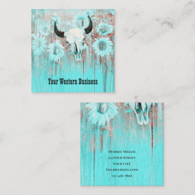 Rustic Teal Western Bull Skull Sunflowers On Wood Square Business Card (Front/Back)