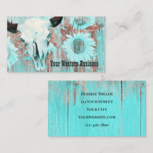 Rustic Teal Western Country Bull Skull Sunflowers Business Card