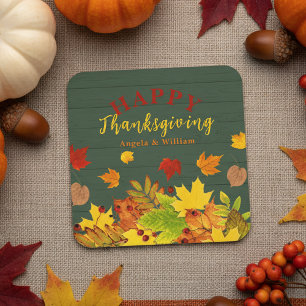Rustic Teal Wood Fall Leaves Thanksgiving Dinner Square Paper Coaster