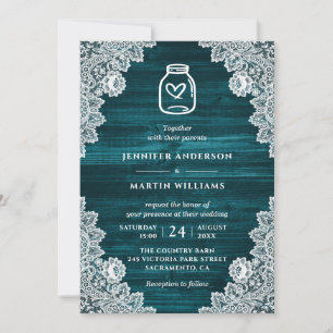 Rustic Teal Wood Floral Lace Mason Jar Wedding Invitation
