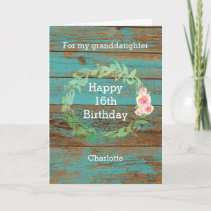 Rustic Teal Wood Floral Watercolor 16th Birthday Card
