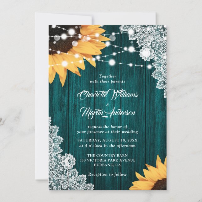 Rustic Teal Wood Lace Sunflower Wedding Invitation (Front)