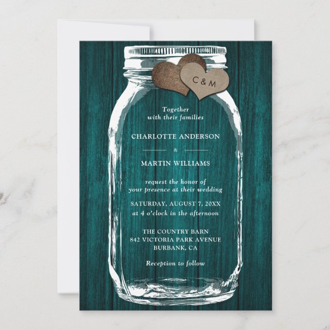 Rustic Teal Wood Mason Jar Wedding Invitations (Front)