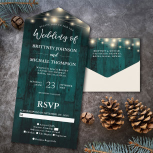 Rustic Teal Wood String Lights Wedding All In One Invitation