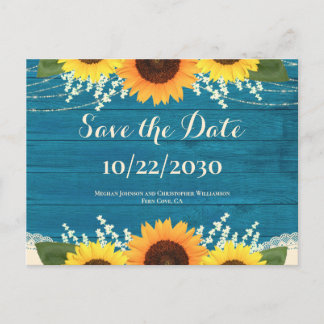 Rustic Teal Wood Sunflower Wedding Save the Date Postcard
