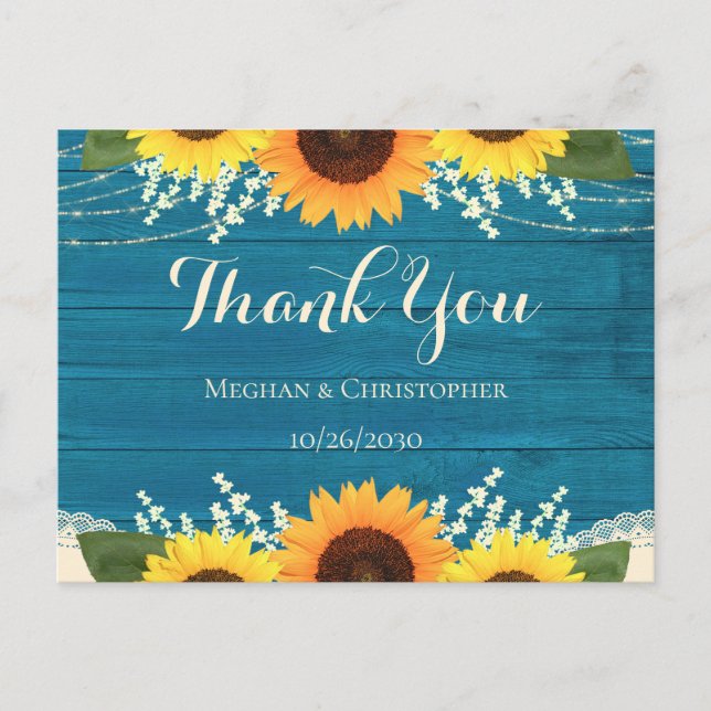 Rustic Teal Wood Sunflower Wedding Thank You Postcard (Front)