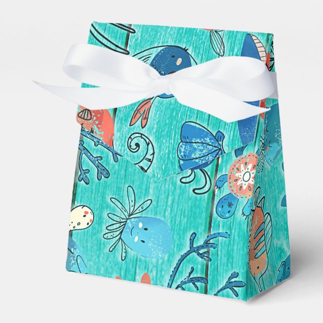 Rustic Teal Wood & Under the Sea Friends Whimsical Favour Box (Front Side)