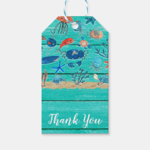 Rustic Teal Wood & Under the Sea Friends Whimsical Gift Tags