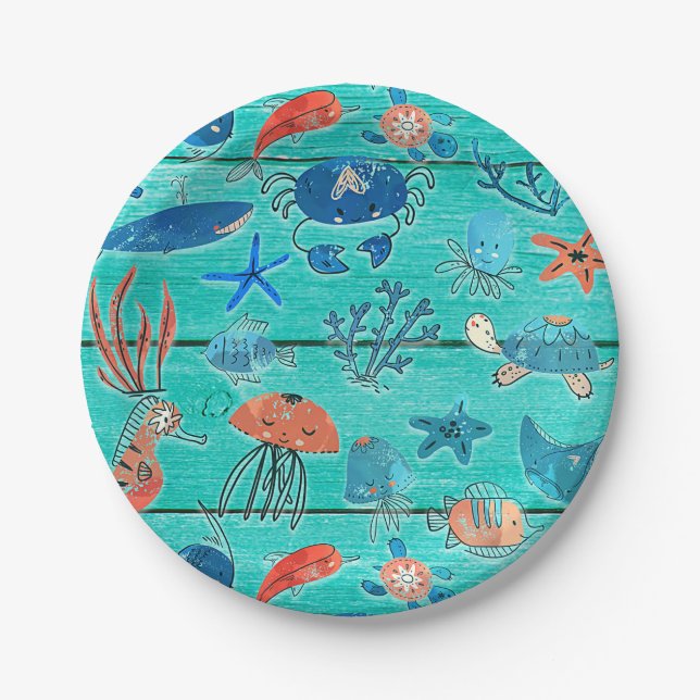 Rustic Teal Wood & Under the Sea Friends Whimsical Paper Plate (Front)
