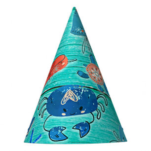 Rustic Teal Wood & Under the Sea Friends Whimsical Party Hat